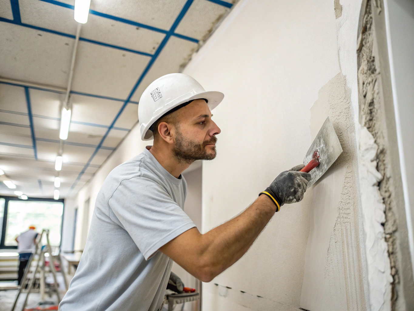 Artisan réalisant des finitions de plâtre sur un mur intérieur