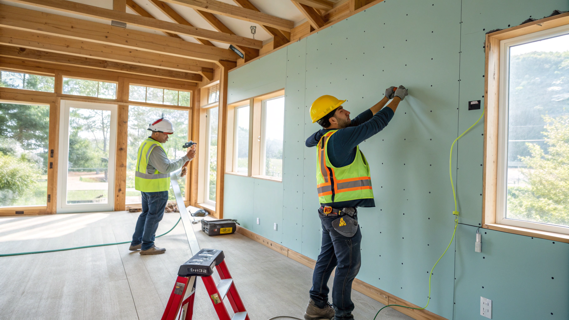 Équipe E&D BERISHA sur un chantier de rénovation intérieure avec des outils professionnels